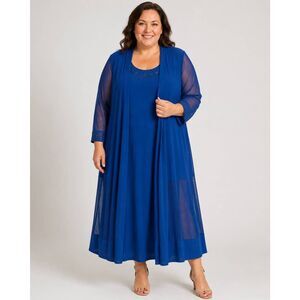 R&M Richards Woman 3X Peacock Blue 2 Piece Dress Set Sheer Jacket Beaded Plus Si